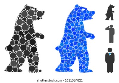 Standing bear mosaic of circle elements in variable sizes and color tints, based on standing bear icon. Vector circle elements are united into blue illustration.