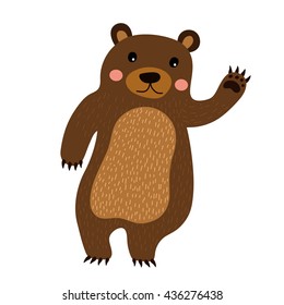 Standing Bear raising hand cartoon character isolated on white background.