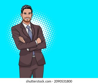 standing bearded business man with crossed arms and smile Retro style pop art retro comic style