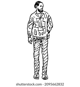 Standing bearded man in casual clothes. Male portrait. Hand drawn linear doodle rough sketch. Black silhouette on white background. Isolated vector illustration.