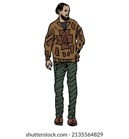 Standing bearded man in casual clothes. Male portrait. Hand drawn colorful rough sketch. Isolated vector illustration.