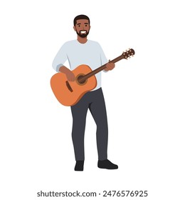 Standing bearded man holding and playing acoustic guitar. Flat vector illustration isolated on white background