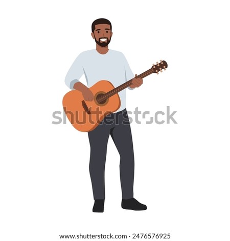 Standing bearded man holding and playing acoustic guitar. Flat vector illustration isolated on white background