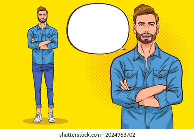 Standing Bearded Young Man With A Crossed Arms In A Casual Outfit Pop Art Comic Style