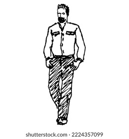 Standing bearded young man. Hand drawn linear doodle rough sketch. Black silhouette on white background.