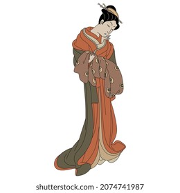 Standing beautiful Japanese girl wearing kimono. Traditional style. Isolated vector illustration.