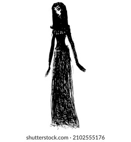 Standing beautiful lady in long dress. Black and white hand drawn sketch.