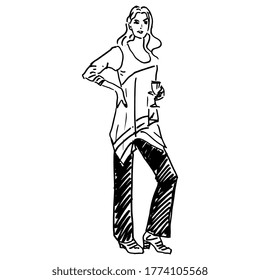 Standing beautiful woman with loose hair holding glass of wine. Lady in pants and tunic. Hand drawn linear doodle sketch. Black and white silhouette.