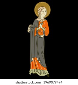 Standing beautiful young woman with nimbus. Medieval female Christian saint lady in long dress. Holy praying lady with folded hands. On black background.