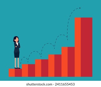Standing in the beginning of bar chart graph on the first column and looking ahead toward future success. Vector planning career growth concept

