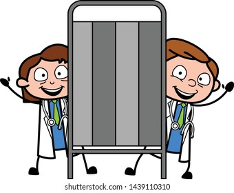 Standing Behind the Partition Wall and Gesturing with Hand - Professional Cartoon Doctor Vector Illustration