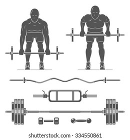Standing bent over barbell row. Barbell and other sports equipment. Vector set.