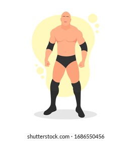 Standing big muscular bald male pro wrestler. Professional athlete. Sports entertainment. Muscle body. Fighting sport concept. Wrestling show. MMA Fighter - Simple flat vector character illustration.