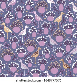 standing birds and flower vases purple seamless vector pattern