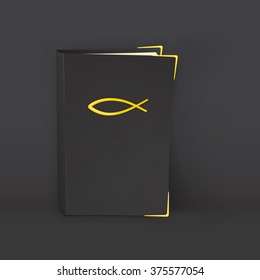 Standing black Bible with golden symbol of Christianity and corners