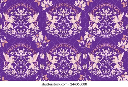 Standing Black Griffin with flower seamless pattern