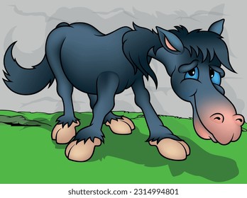 Standing Black Horse with Bowed Head - Colored Cartoon Illustration with Background, Vector