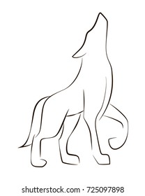 Standing black line wolf on white background. Hand drawing howling vector graphic dog. Animal illustration.