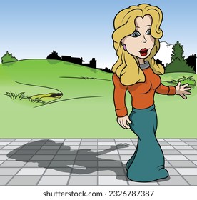 Standing Blond Woman in Red Sweater and Green Skirt - Colored Cartoon Illustration with Background, Vector
