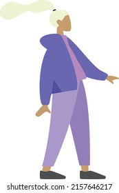 Standing blonde women, girl, female in purple jacket, sweater and light purple pants. Hairs on wind. Cute flat drawing, character sketch. Simple drawing in pastel colors. Isolated vector illustration.
