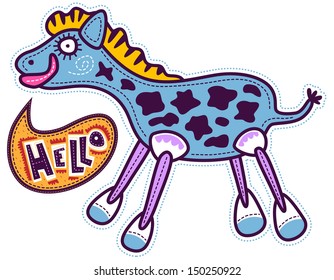 Standing blue horse with pink legs and a white with blue hooves. Yellow mane and big pink lips. The horse says hello. The dark spots on the body of a horse.