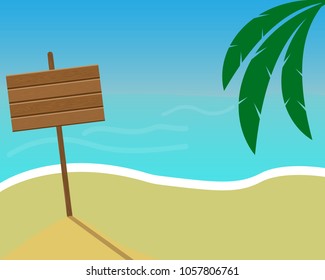 standing board in the sand on the background of palm leaves and the sea