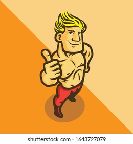 Standing Bodybuilder Man With Thumb Up Sign Vector Illustration