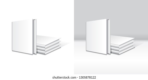 A standing book in front of blank white hardcover stacking book set mockup template. Isolated on white background and gray background with shadow. Ready to use for your business. Vector illustration.