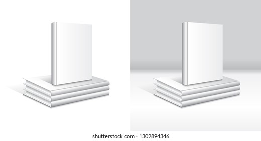 A standing book on a set of stacking blank white hardcover book mockup template. Isolated on white background and gray background with shadow. Ready to use for your business. Vector illustration.