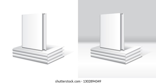 A standing book on a set of stacking blank white hardcover book mockup template. Isolated on white background and gray background with shadow. Ready to use for your business. Vector illustration.