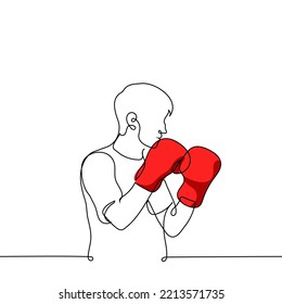 standing boxer in red boxing gloves - one line drawing vector. concept training or fight