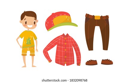 Standing Boy Character with Garment and Clothes Vector Set