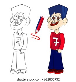 Standing boy coloring book page. Vector cartoon illustration.