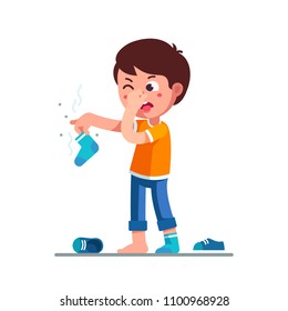 Standing boy kid holding dirty smelling sock in hand closing nose and taking out tongue in yuck face expression. Child smelly sock. Cartoon character feeling bad stinky smell. Flat vector illustration