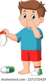 Standing boy kid holding dirty smelling sock in hand closing nose of illustration