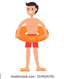 Standing boy in lifebuoy isolated vector icon. Smiling teenager in swimming shorts and flip-flops inside inflatable circle, summer holiday theme.