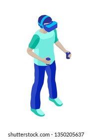 Standing boy with a virtual reality helmet and controllers for vr games. Isometric character. Isolated on white background. Design element for web page, mobile app etc.