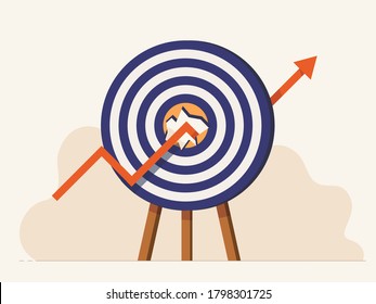 Standing Breaking Target Archery With Grown Graph Arrow Breakthrough. Concept Of Successful Business, Hit The Goal, Top Strategy, Surpass Marketing, Goal Achievement. Flat Vector Illustration.