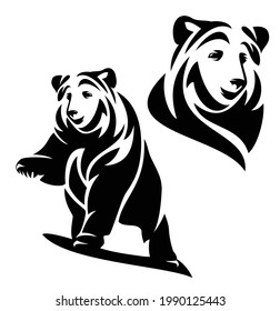 standing brown bear with one paw up in the air - black and white vector outline of wild animal