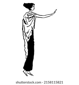 Standing brunette lady in long dress and shawl with raised arm. Farewell gesture. Hand drawn linear doodle rough sketch. Black silhouette on white background.