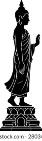 Standing Buddha statue silhouette icon, traditional walking buddha standing on lotus pedestal, religious spiritual symbol isolated on white background.