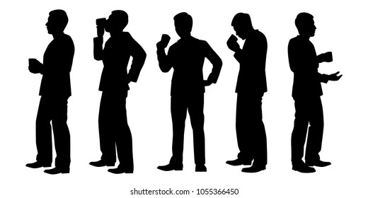 Standing Business Man With Coffee Cup Silhouette Vector Set