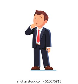 Standing business man making thinking gesture. Stroking or scratching chin thoughtfully and looking up. Flat style vector illustration isolated on white background.