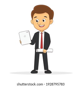 Hombre de negocios permanente y gráfico de piezas
