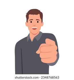 Standing business man pointing with index finger at viewer. I want you gesture. Flat vector illustration isolated on white background