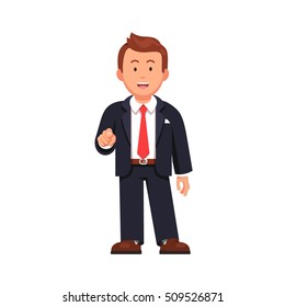 Standing business man pointing with index finger at viewer. I want you gesture. Flat style vector illustration isolated on white background.