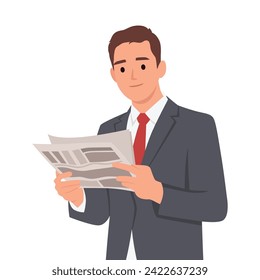 Standing business man reading. Holding opened newspaper in hands. Flat vector illustration isolated on white background