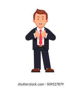 Standing business man showing thumbs up gesture sign with both hands. Leader cheering in a friendly way. Flat style vector illustration isolated on white background.