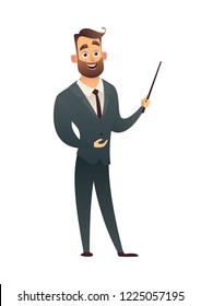 Standing business man teacher pointing with wooden pointer stick isolated on white background