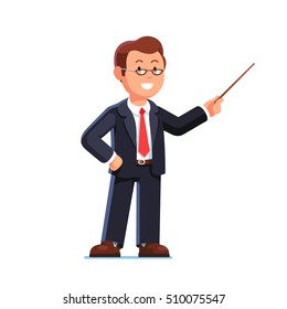 Standing business man teacher wearing glasses pointing with wooden pointer stick. Flat style vector illustration isolated on white background.